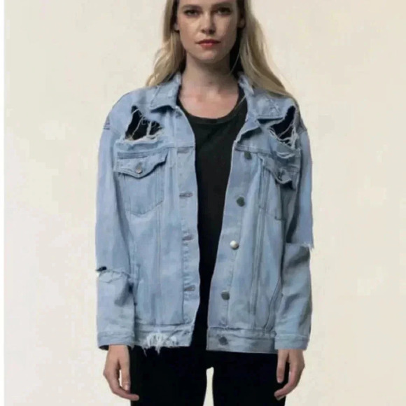 Urban Outfitters Neon Blonde Jean Jacket Light Wash Denim Distressed Blue Small - Picture 7 of 16